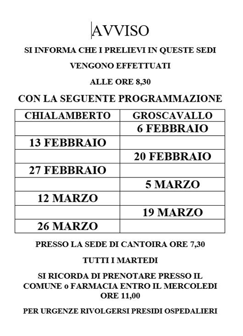 Calendario prelievi ematici presso ambulatori comunali di Groscavallo e Chialamberto  - Mesi di Febbraio e Marzo 2024